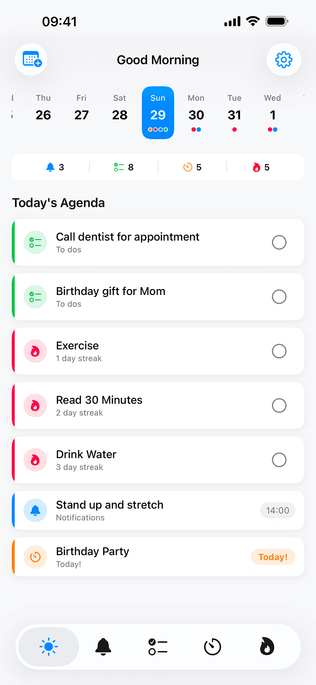 RemindKit app. TodayView unified dashboard